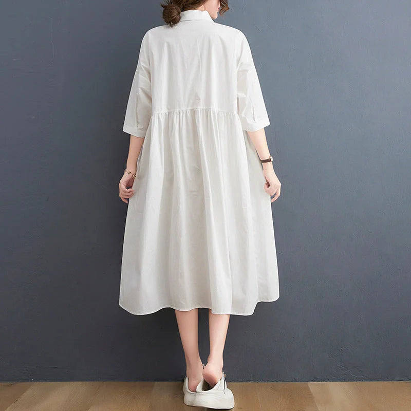 Casual loose fit linen short sleeve dress for women in white and black