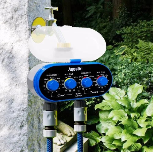 Dual timer automatic garden watering controller with battery compartment for cordless irrigation.