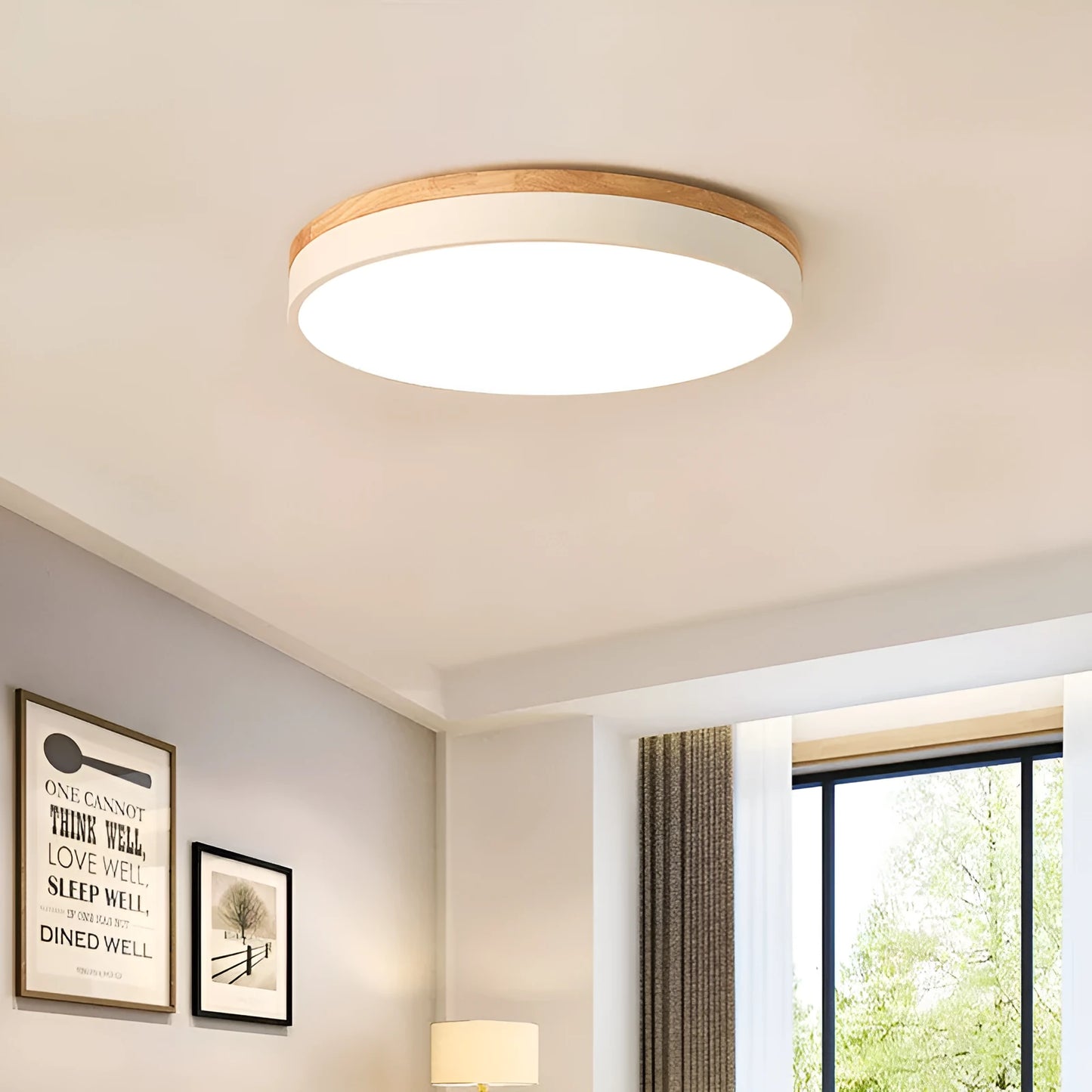 Nordic style solid wood and iron LED ceiling lamp with round design in white finish