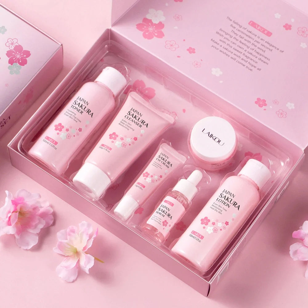 Cherry Blossom Skin Care Set with six facial care products including cleanser, toner, cream, and treatments