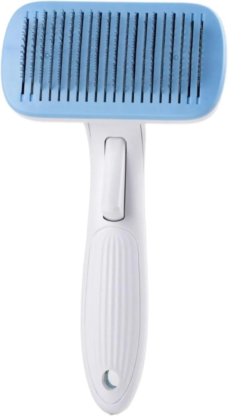 Blue automatic pet comb with one-click button for removing dog and cat hair on a table.