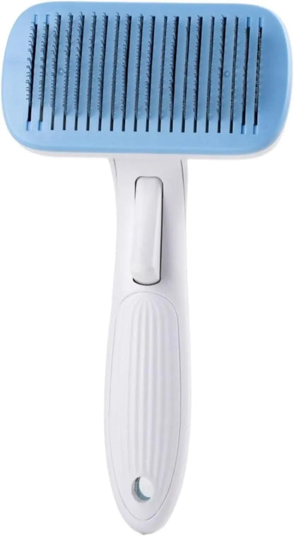 Blue automatic pet comb with one-click button for removing dog and cat hair on a table.