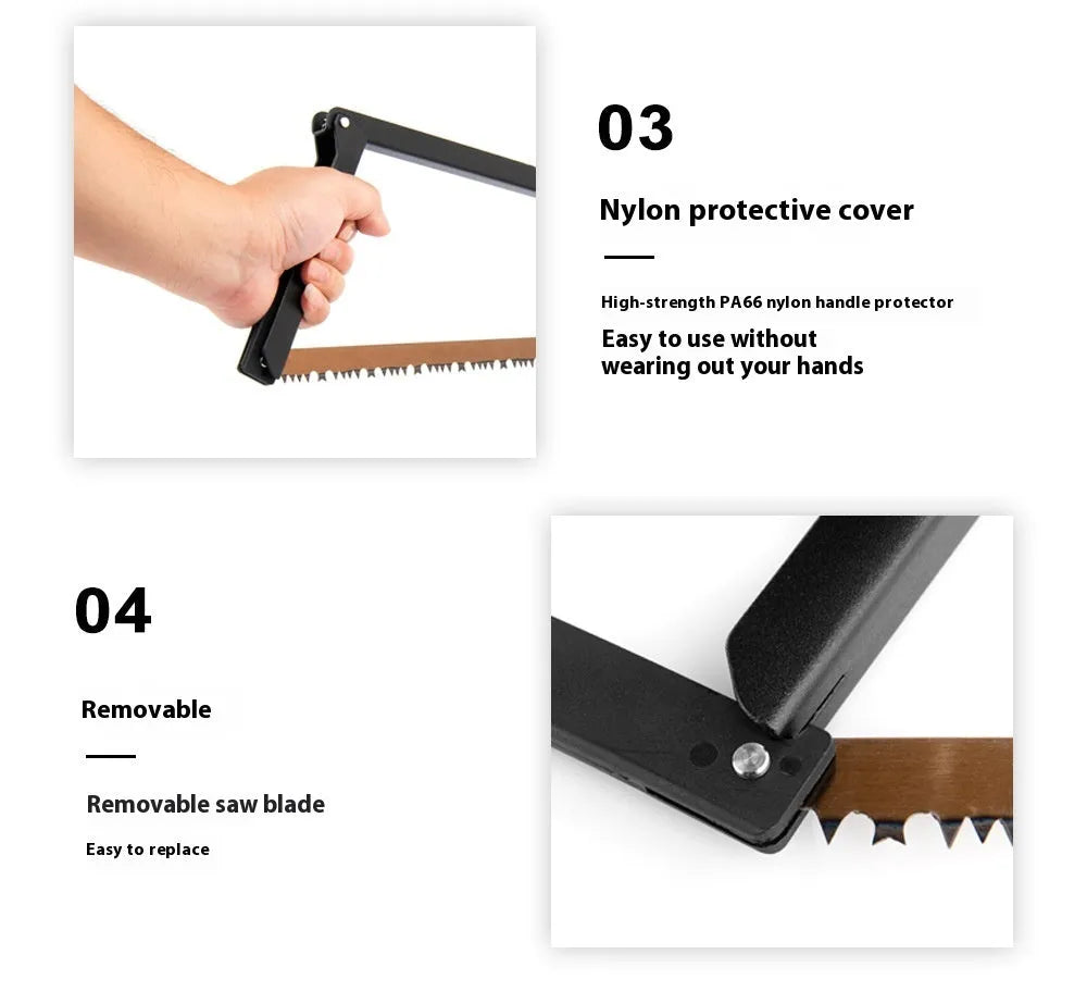 Black foldable outdoor saw with aluminium frame and PA66 nylon handle in open position.