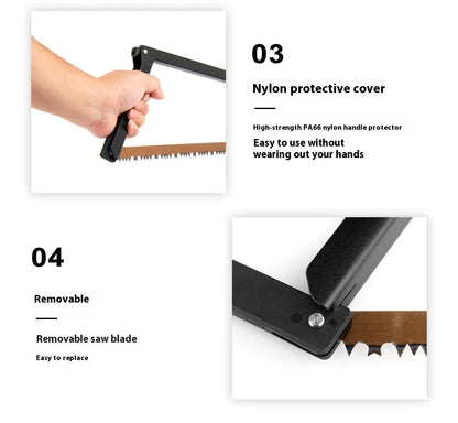 Black foldable outdoor saw with aluminium frame and PA66 nylon handle in open position.