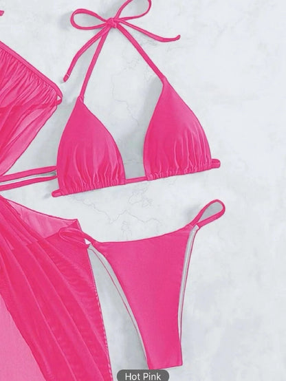 3-piece halter neck bikini set in black, white, blue, and dark pink for beach and summer wear