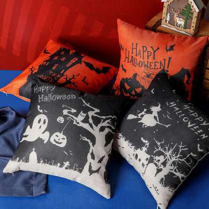 Halloween-themed square cloth pillowcase showing four design options: castle, ghost, pumpkin, and witch styles.