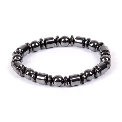 Black pentagram stone magnetic therapy bracelet with magnetite and hematite beads on a stretch band.