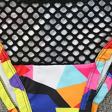 Women's checkered multicolor bikini with cross strap top and fishnet high waist briefs