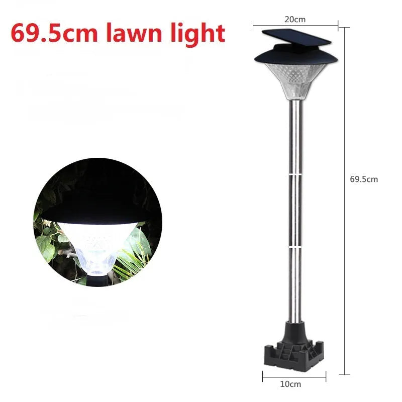 Solar-powered outdoor street light with solar panel on top and LED light fixture.