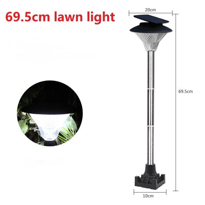 Solar-powered outdoor street light with solar panel on top and LED light fixture.