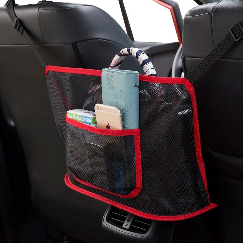 Car mesh bag organiser in red and black, dimensions 40x12x26cm