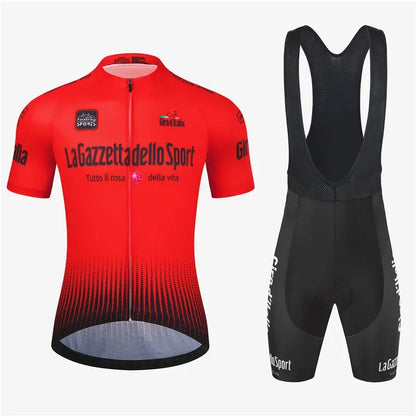 Short sleeve cycling suit in a patterned design, shown in a colour variant, for summer road biking.