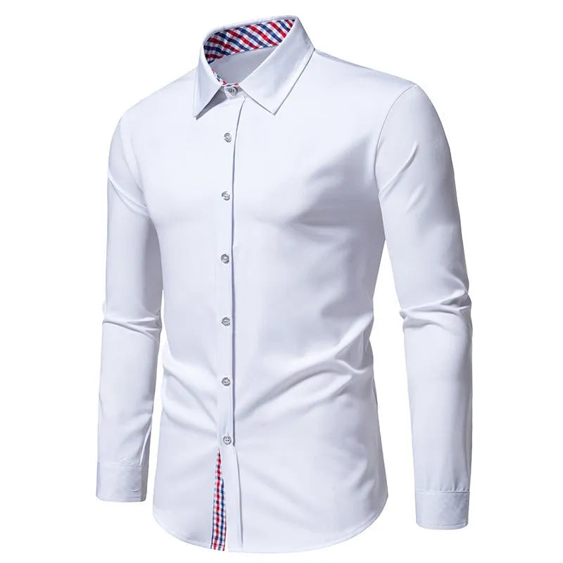 Men's loose plaid stitching casual long-sleeved shirt in black, white or wine red colours