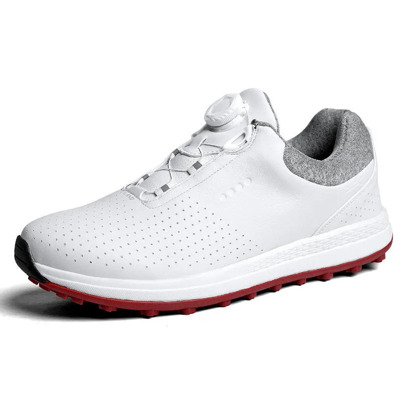 Men's white low-top casual golf shoe with breathable upper and non-slip broken nail sole.