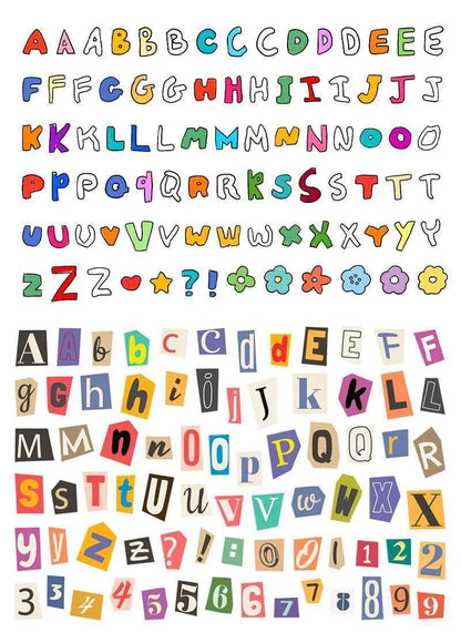 English letters and numbers symbol label stickers set showing alphabet collections and week words for organisation