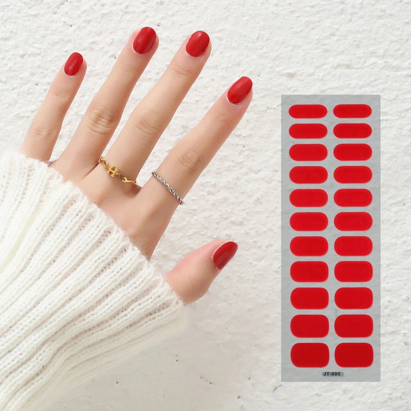 Semi-curing gel nail stickers sheet showing 22 solid colour designs including roses, tulips, and geometric patterns