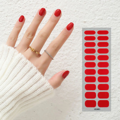 Semi-curing gel nail stickers sheet showing 22 solid colour designs including roses, tulips, and geometric patterns
