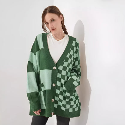 Loose fit knitwear cardigan with printed check pattern in wine red colour showing regular sleeves and slim styling