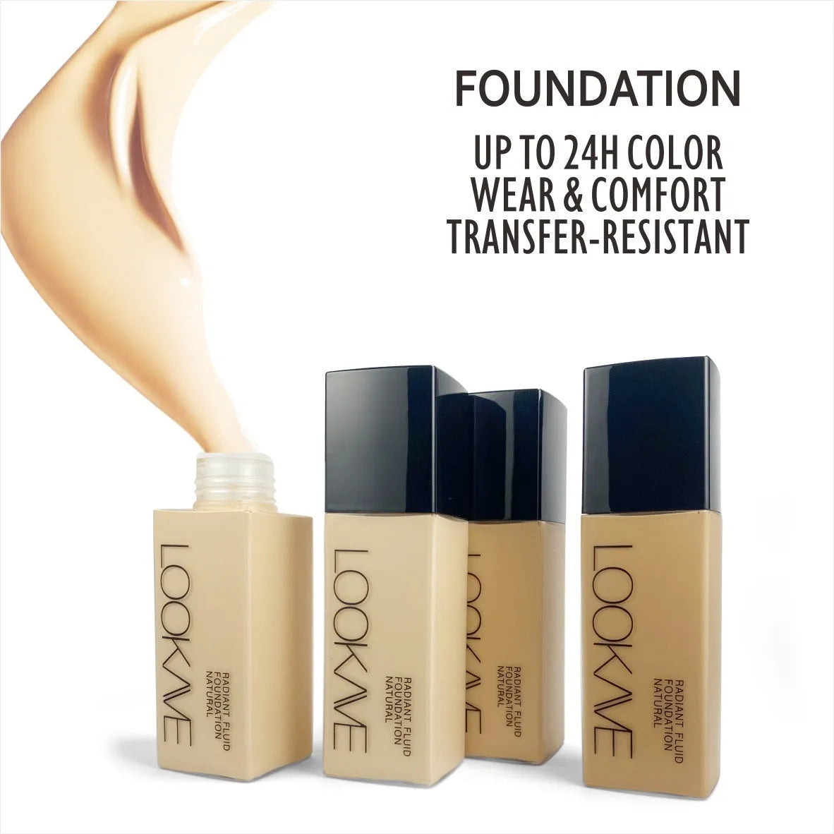LOOKAVE Matte Liquid Foundation bottle showing 21c quantity with six colour shade options for waterproof coverage