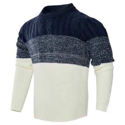 Men's knitted crew neck pullover sweater with long sleeves shown in multiple sizes