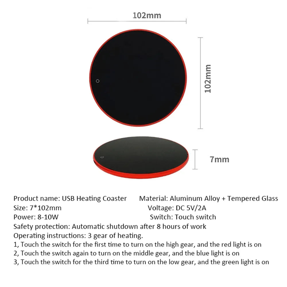 Black USB heating coaster with a mug on its tempered glass surface, showing a red LED indicator light.