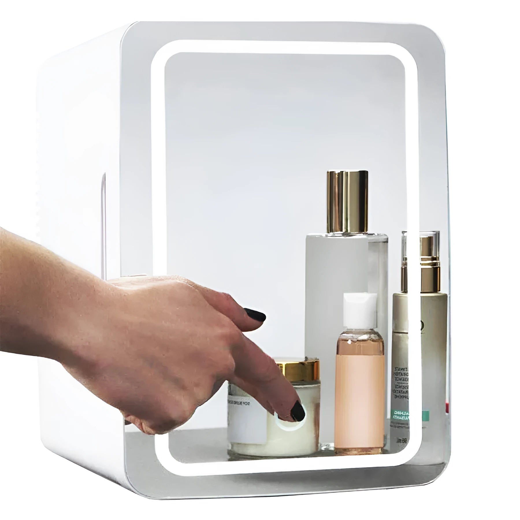 White portable mini fridge with cooler and warmer functions for cosmetics, shown with removable shelf and power cords.
