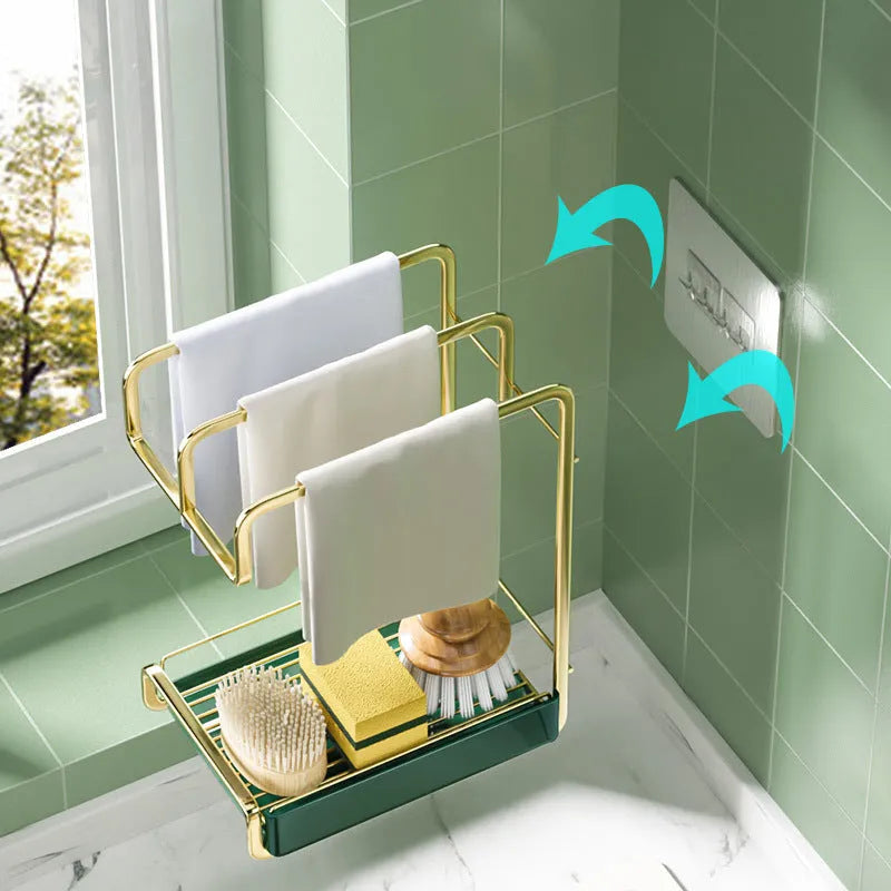 Sponge holder wall mounted kitchen organiser with removable drain tray, gold-plated cast iron construction, multifunctional rack for dish brushes, soap and rags, suitable for sink, bathroom and countertop use, available in black, white and gold