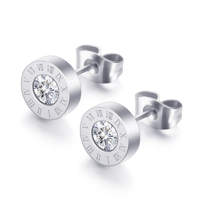 Elegant Roman numeral stud earrings crafted from premium titanium steel with sparkling zircon accents