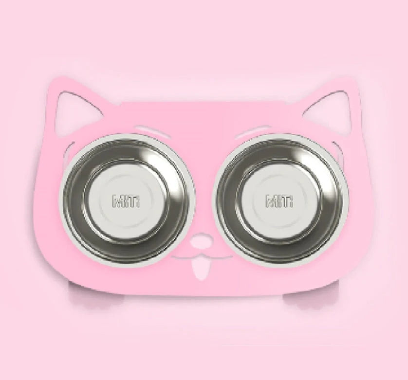 Anti-falling cat dog feeding water bowl in stainless steel with inclined design