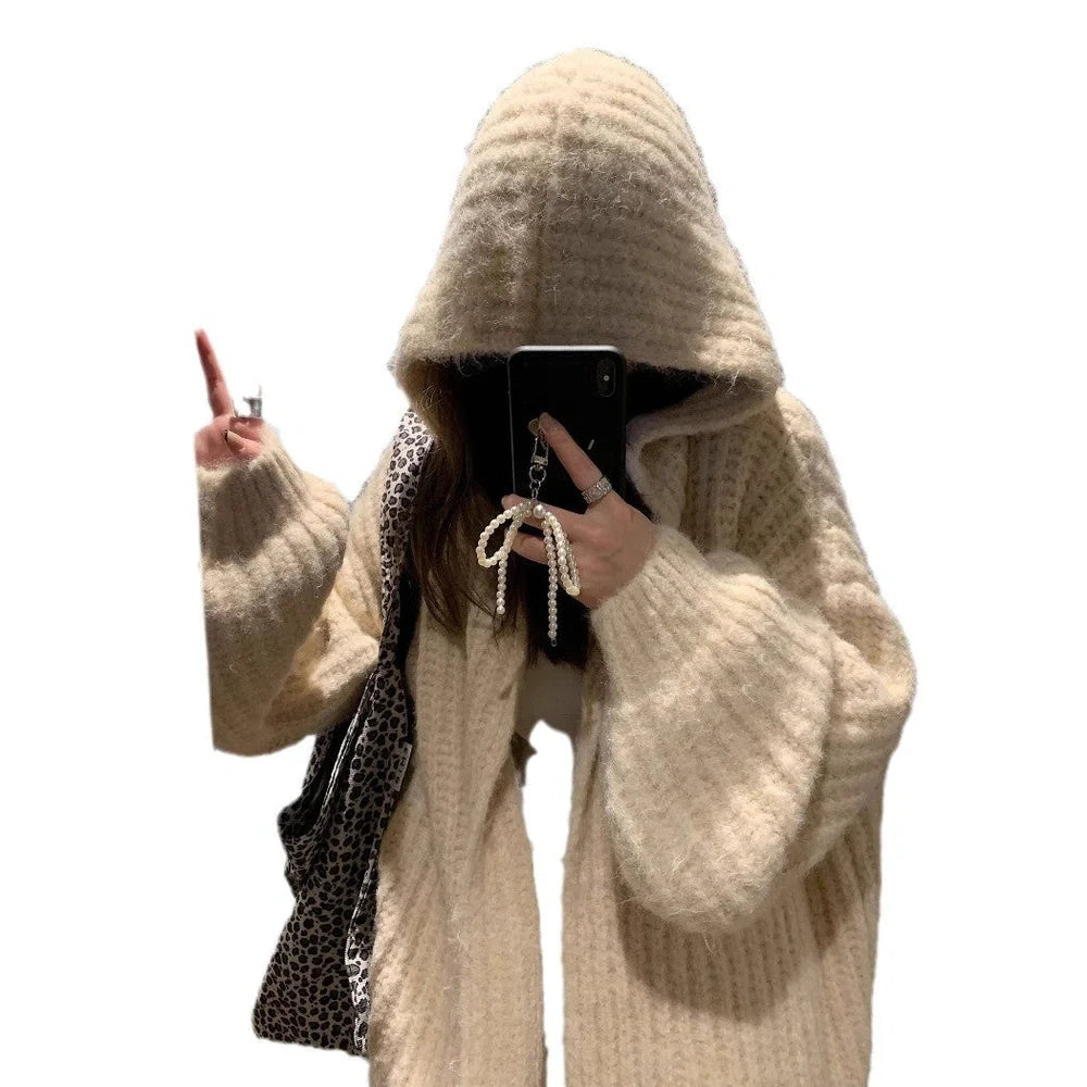 Women's grey hooded cardigan with thick acrylic fabric and regular sleeves