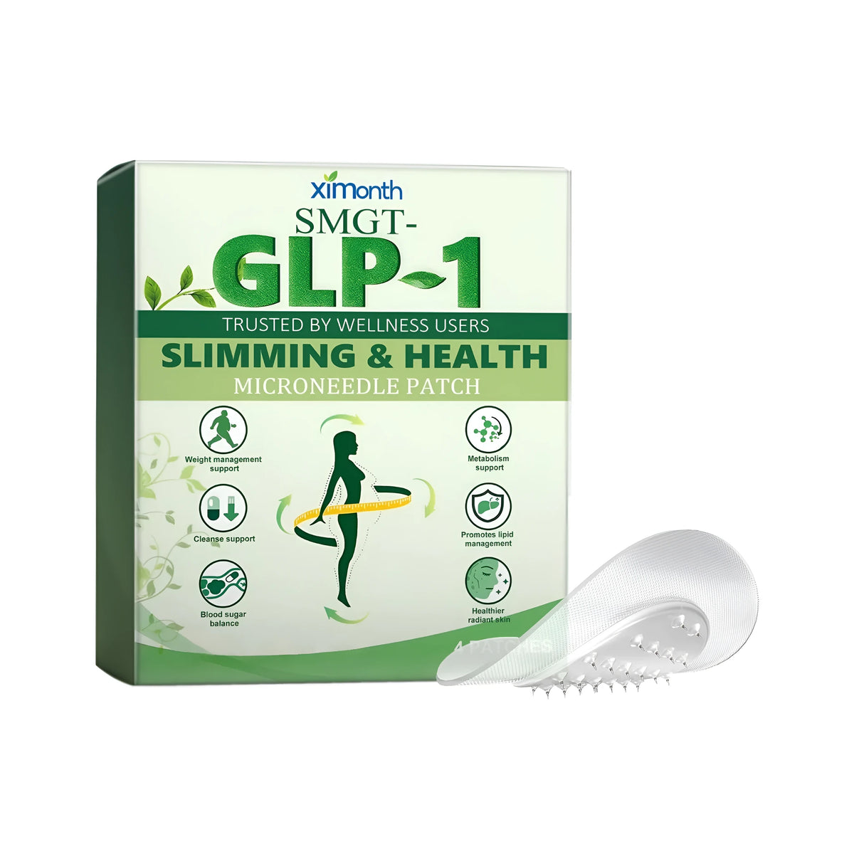 Four microneedle slimming patches in a pack containing acetyl hexapeptide-8, ginger and mugwort leaf.