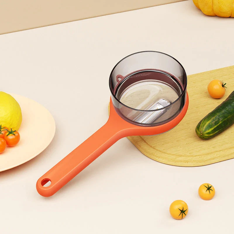 Premium multifunctional peeler with storage bucket and fruit scratcher for easy, mess-free fruit and vegetable preparation