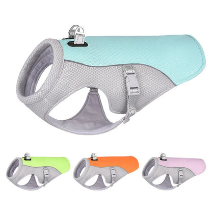 Orange polyester dog cooling vest with layered construction for evaporative cooling and UV protection.
