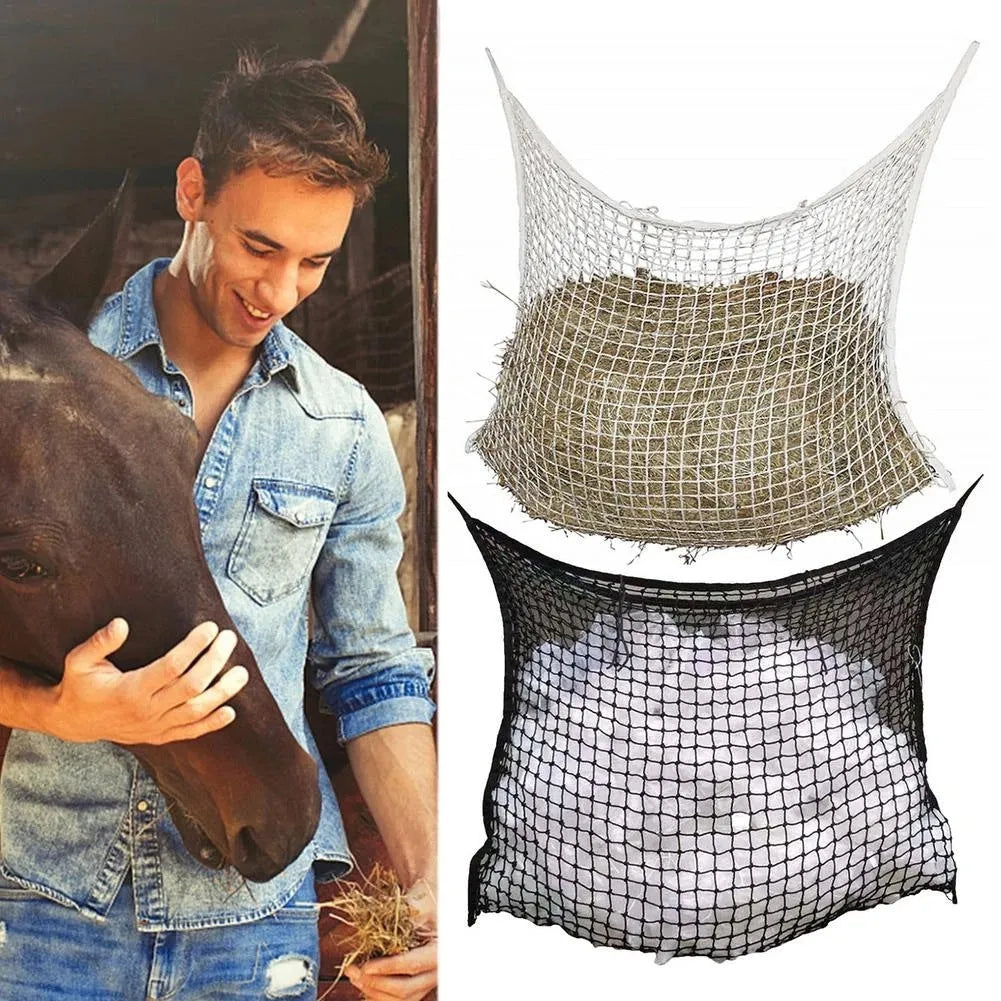 Black woven grid hanging feeding bag for horses, showing size and rope construction.