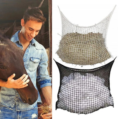 Black woven grid hanging feeding bag for horses, showing size and rope construction.