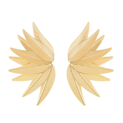 Gold and white alloy leaf-shaped patch earrings with botanical design