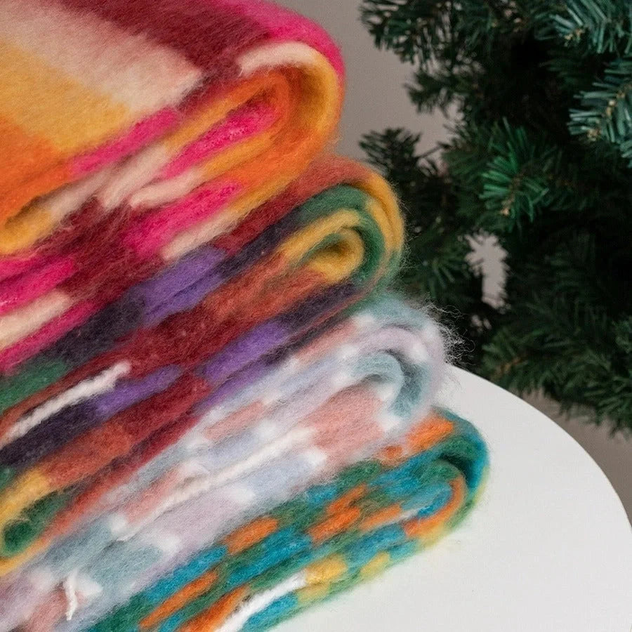 Vibrant Rainbow Mohair Tassel Scarf in various colors, perfect for winter fashion