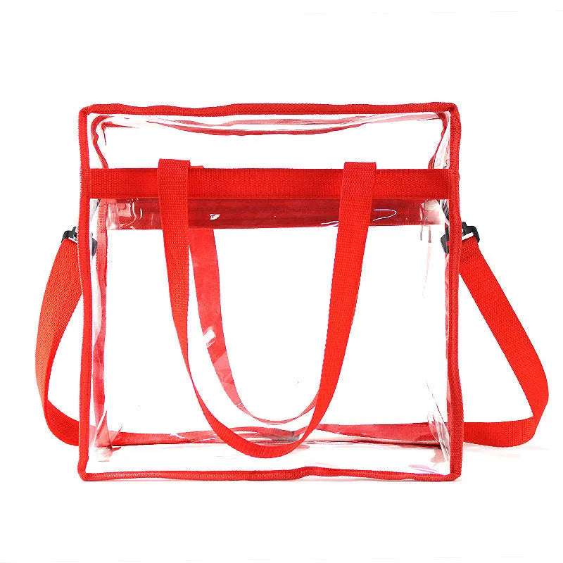 Clear PVC women's messenger bag with a coloured front panel and double shoulder straps.