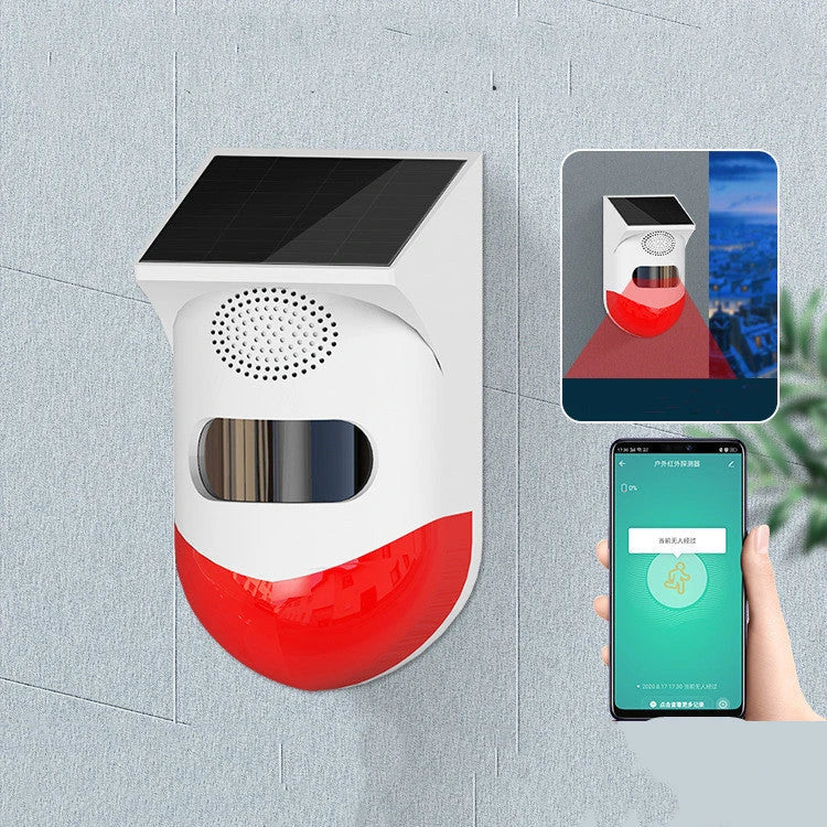 Solar-powered infrared alarm system with remote control, designed for home, ranch, and factory security in the UK