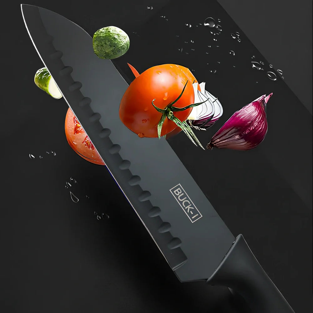 Fruit knife set with 15cm stainless steel blades and ergonomic black handles for kitchen use