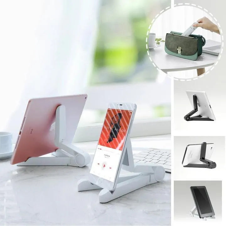 Black foldable tablet holder open in landscape mode holding a tablet, showing side buttons and non-slip base.