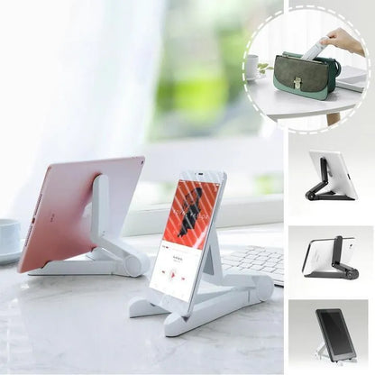 Black foldable tablet holder open in landscape mode holding a tablet, showing side buttons and non-slip base.