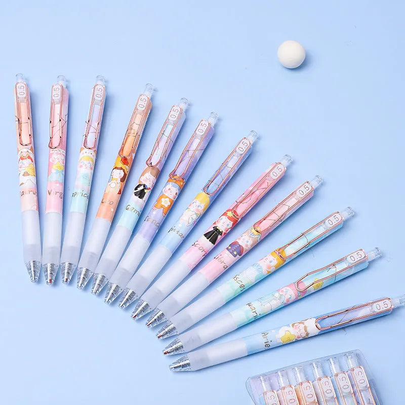 Six Lisa's Secret Constellation press gel pens showing 0.5mm tips and star pattern designs on plastic barrels