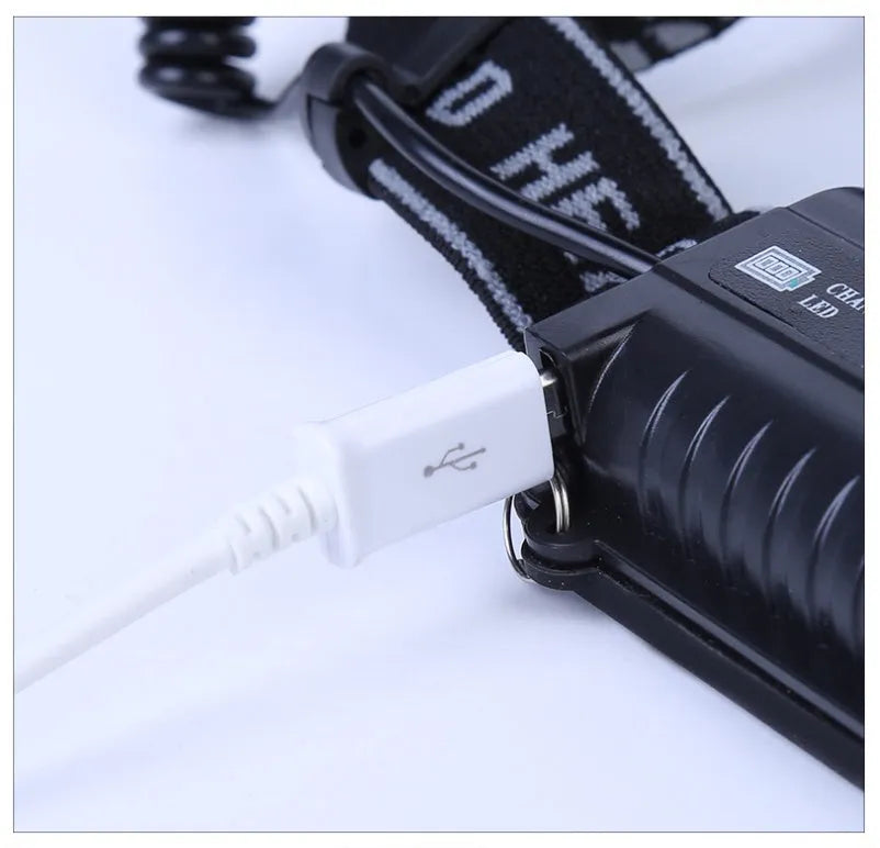 Fixed focus head-mounted outdoor camping light with long-range beam on a head strap.