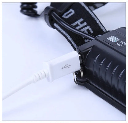 Fixed focus head-mounted outdoor camping light with long-range beam on a head strap.