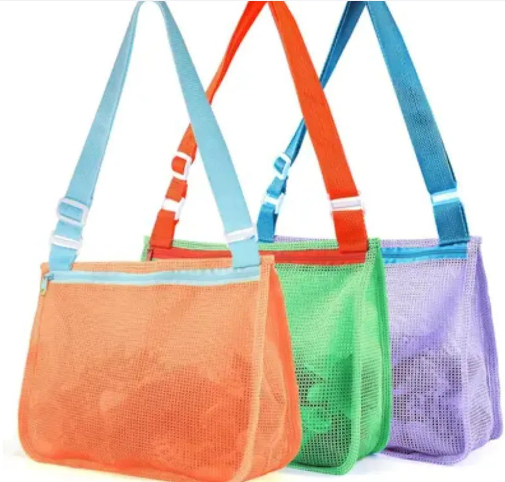 Blue children's drawstring travel storage bag made of nylon mesh for organising toys and clothes.