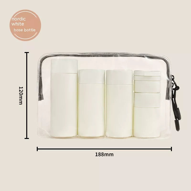 Travel portable filling set lotion bottle in white, pink, grey, and green