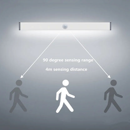 A matte aluminium LED closet light with a magnetic back, shown mounted inside a wooden wardrobe.