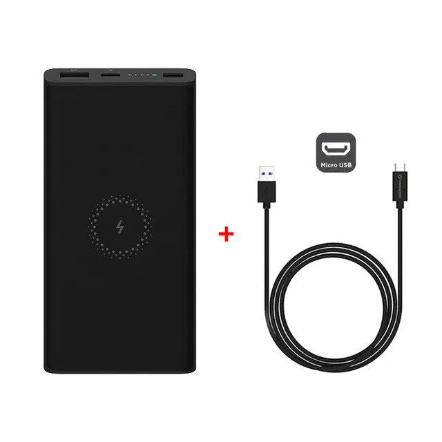 White or black 10000mAh power bank with USB Type-C input and wireless charging output