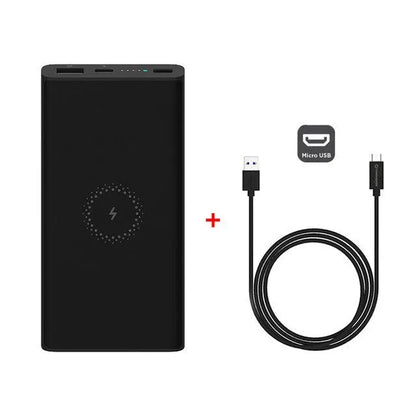 White or black 10000mAh power bank with USB Type-C input and wireless charging output